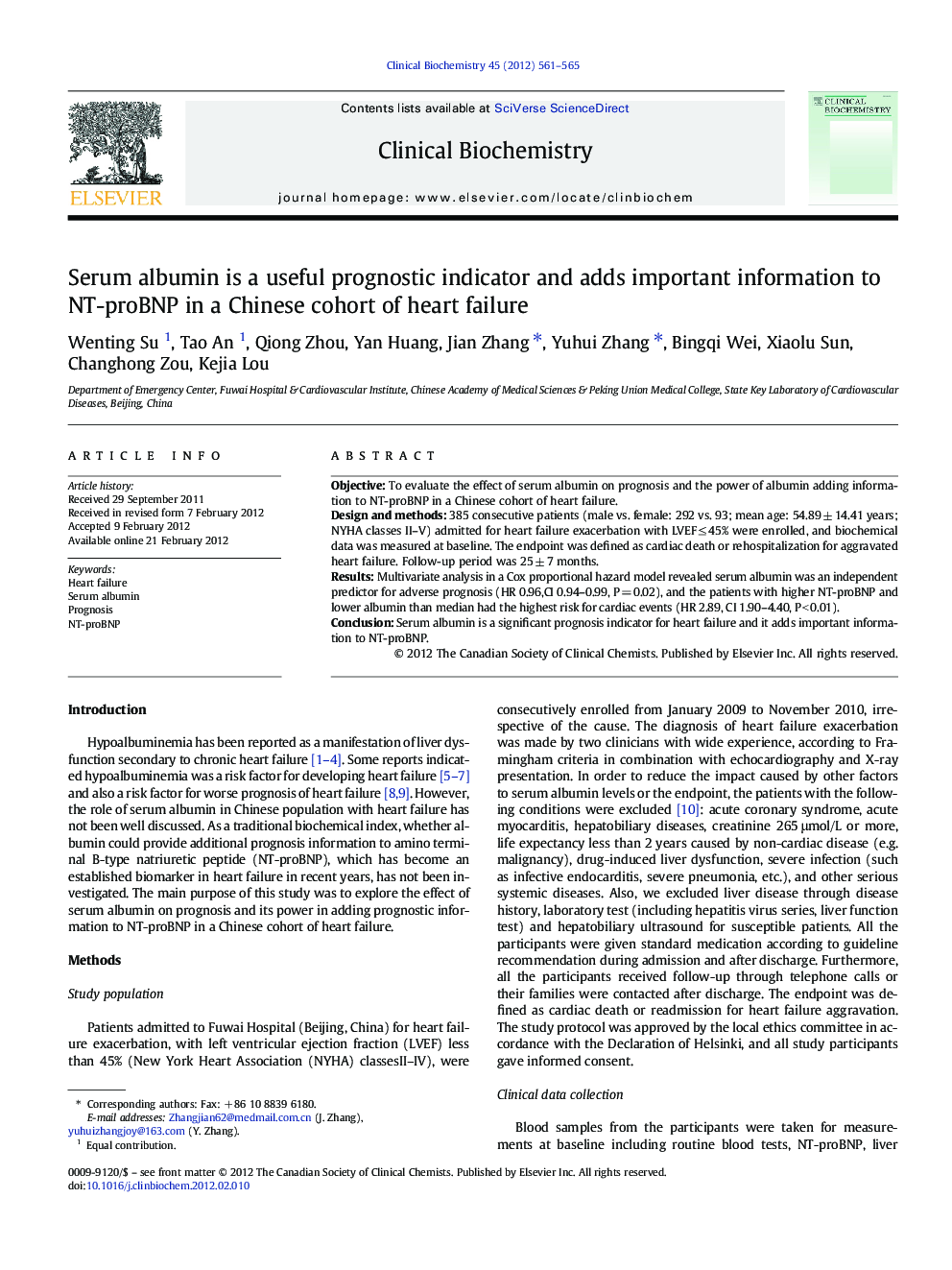 Serum albumin is a useful prognostic indicator and adds important information to NT-proBNP in a Chinese cohort of heart failure