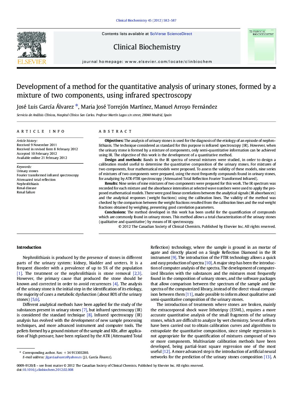 Development of a method for the quantitative analysis of urinary stones, formed by a mixture of two components, using infrared spectroscopy