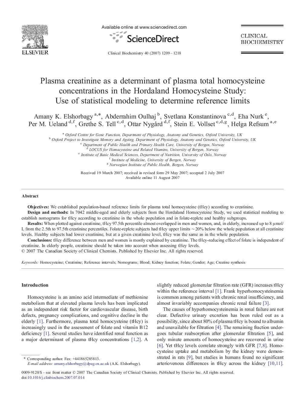 Plasma creatinine as a determinant of plasma total homocysteine concentrations in the Hordaland Homocysteine Study: Use of statistical modeling to determine reference limits