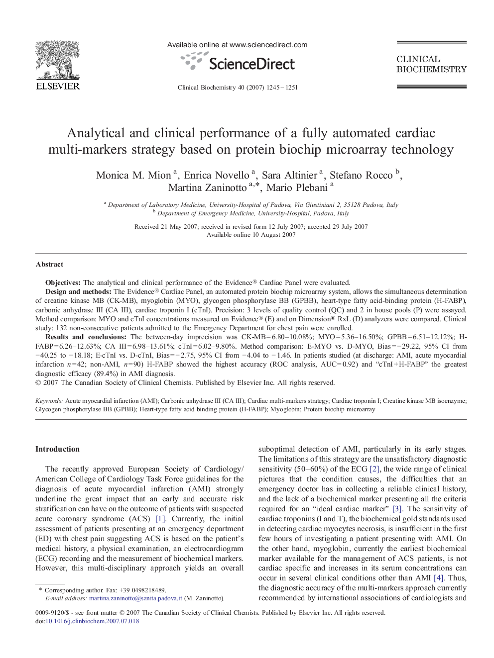 Analytical and clinical performance of a fully automated cardiac multi-markers strategy based on protein biochip microarray technology