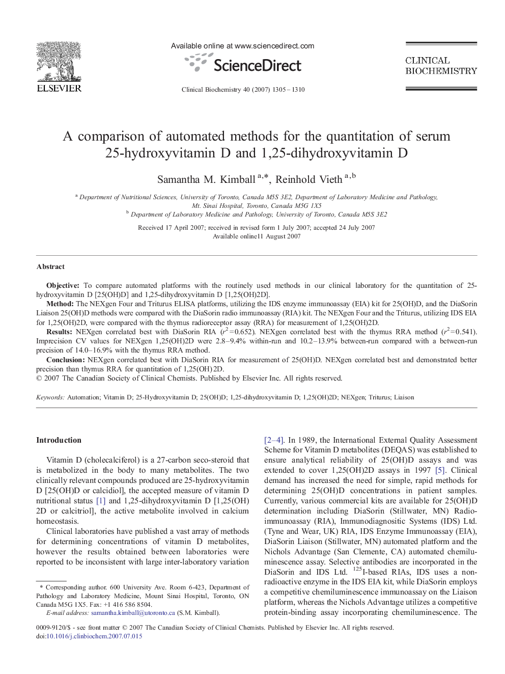 A comparison of automated methods for the quantitation of serum 25-hydroxyvitamin D and 1,25-dihydroxyvitamin D