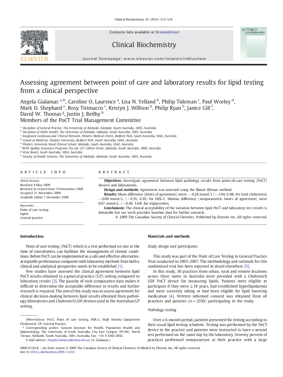 Assessing agreement between point of care and laboratory results for lipid testing from a clinical perspective