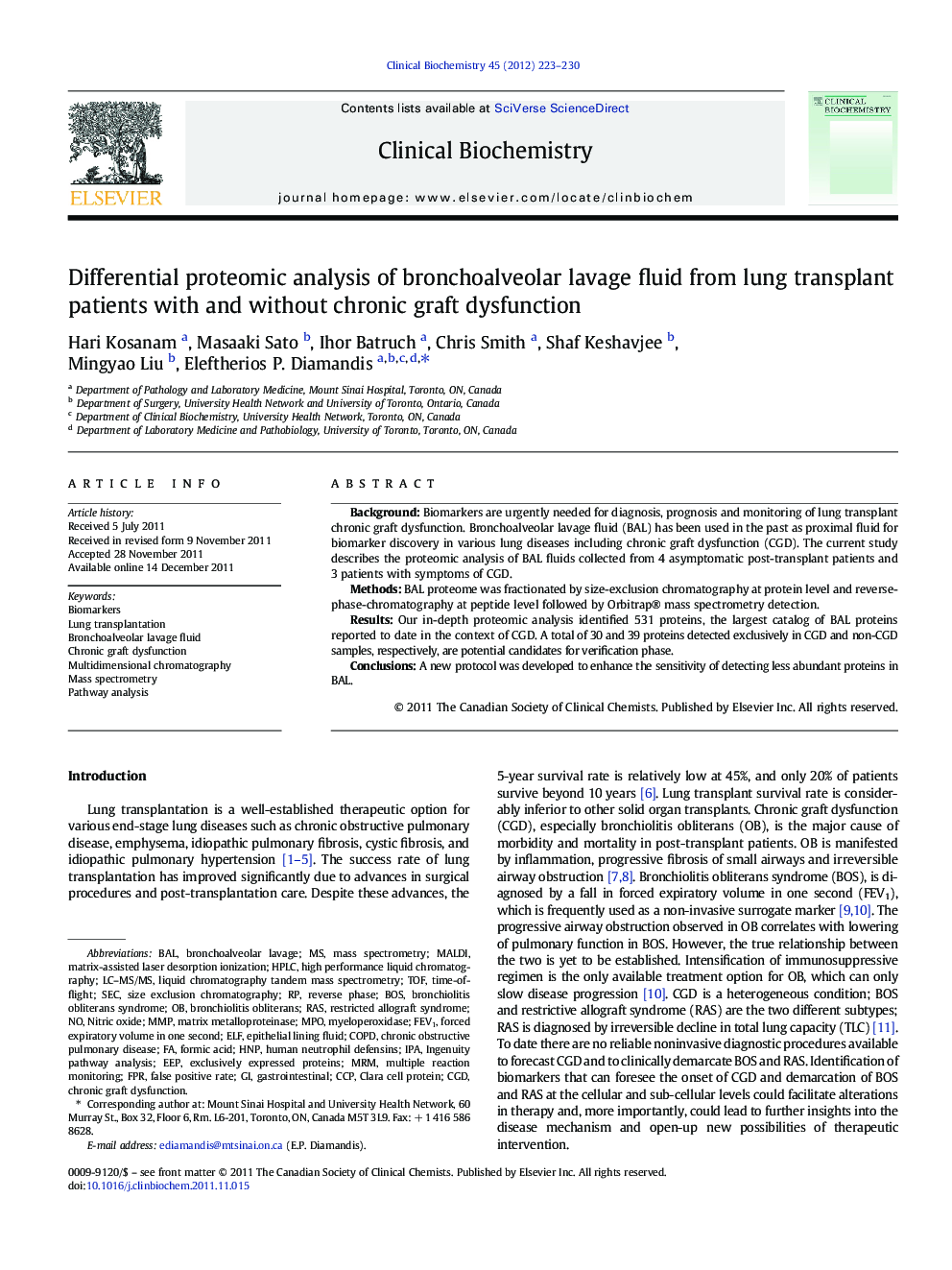 Differential proteomic analysis of bronchoalveolar lavage fluid from lung transplant patients with and without chronic graft dysfunction