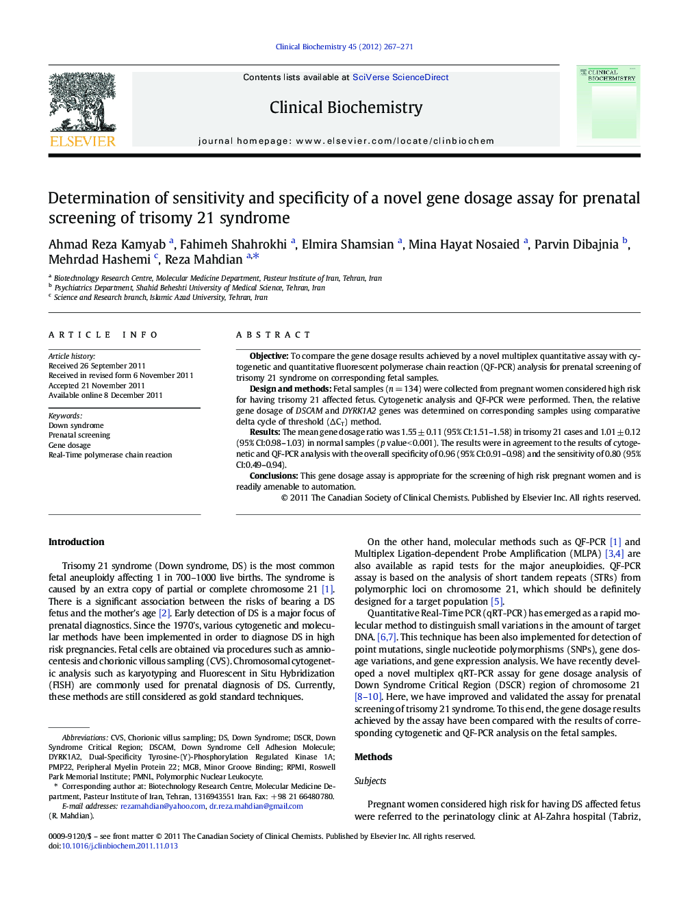 Determination of sensitivity and specificity of a novel gene dosage assay for prenatal screening of trisomy 21 syndrome
