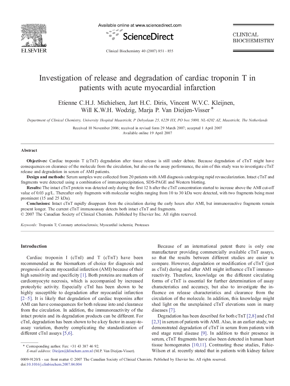 Investigation of release and degradation of cardiac troponin T in patients with acute myocardial infarction