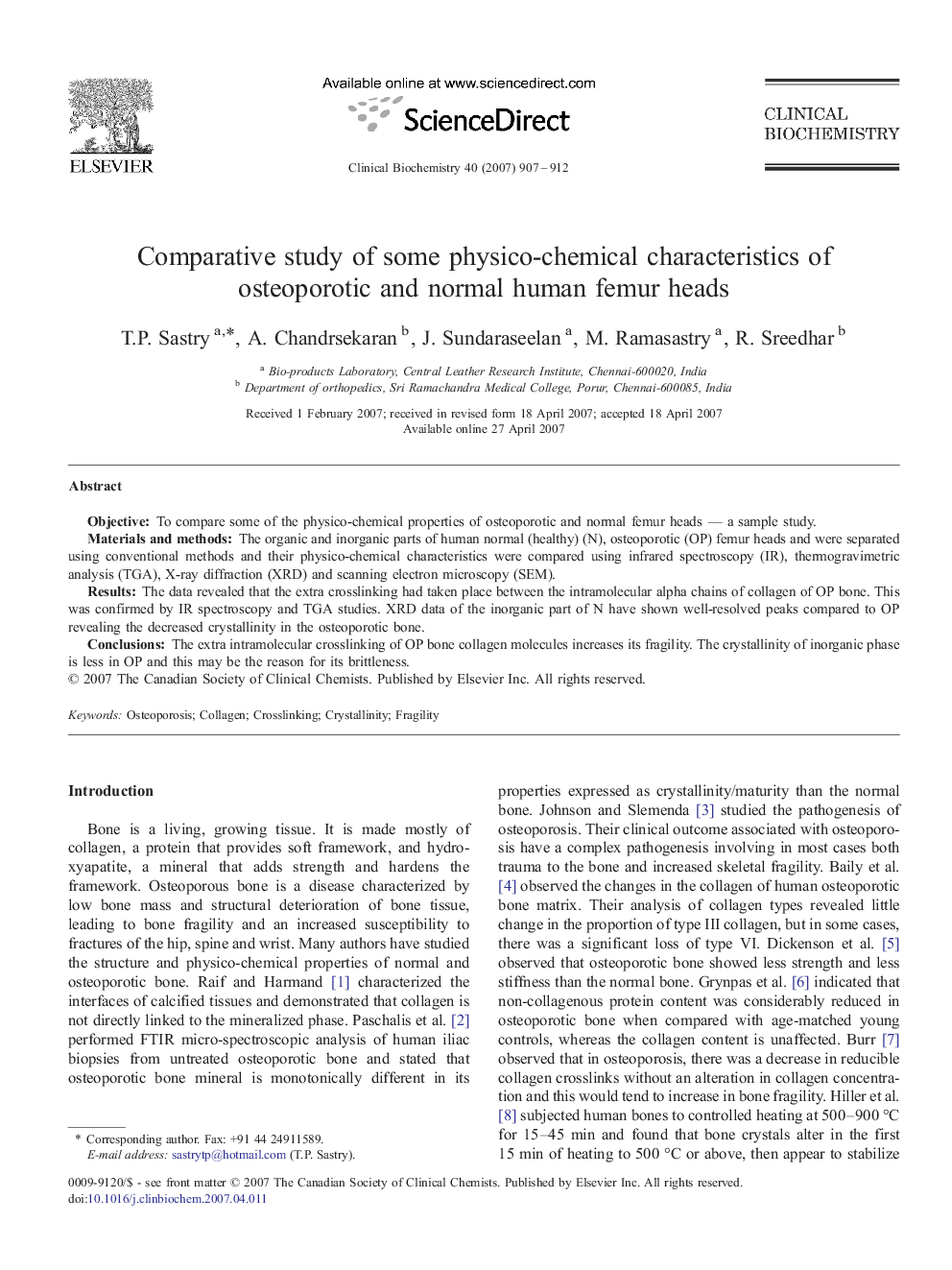 Comparative study of some physico-chemical characteristics of osteoporotic and normal human femur heads