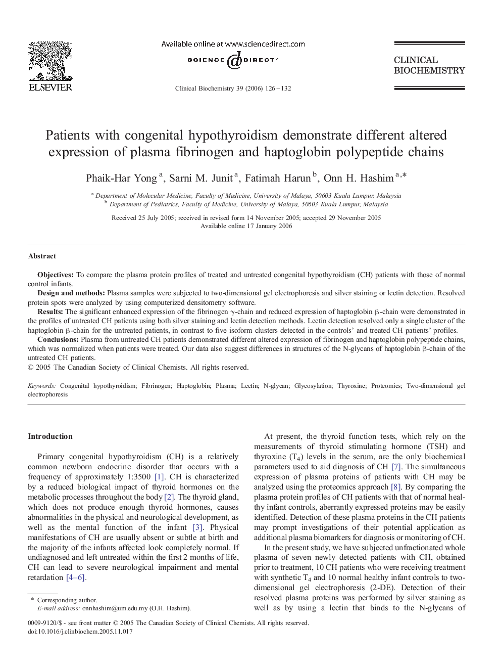 Patients with congenital hypothyroidism demonstrate different altered expression of plasma fibrinogen and haptoglobin polypeptide chains