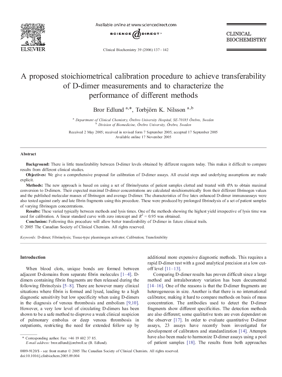 A proposed stoichiometrical calibration procedure to achieve transferability of D-dimer measurements and to characterize the performance of different methods