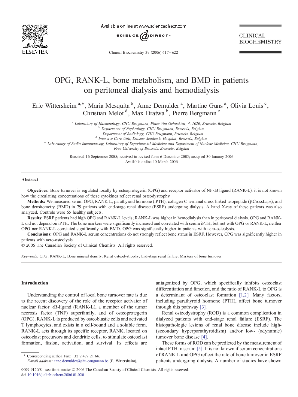 OPG, RANK-L, bone metabolism, and BMD in patients on peritoneal dialysis and hemodialysis