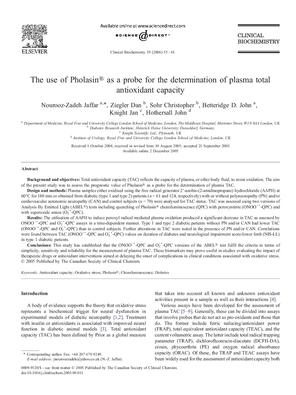 عکس صفحه اول مقاله: The use of Pholasin® as a probe for the determination of plasma total antioxidant capacity The use of Pholasin® as a probe for the determination of plasma total antioxidant capacity