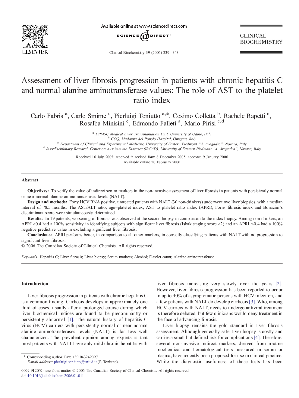 Assessment of liver fibrosis progression in patients with chronic hepatitis C and normal alanine aminotransferase values: The role of AST to the platelet ratio index