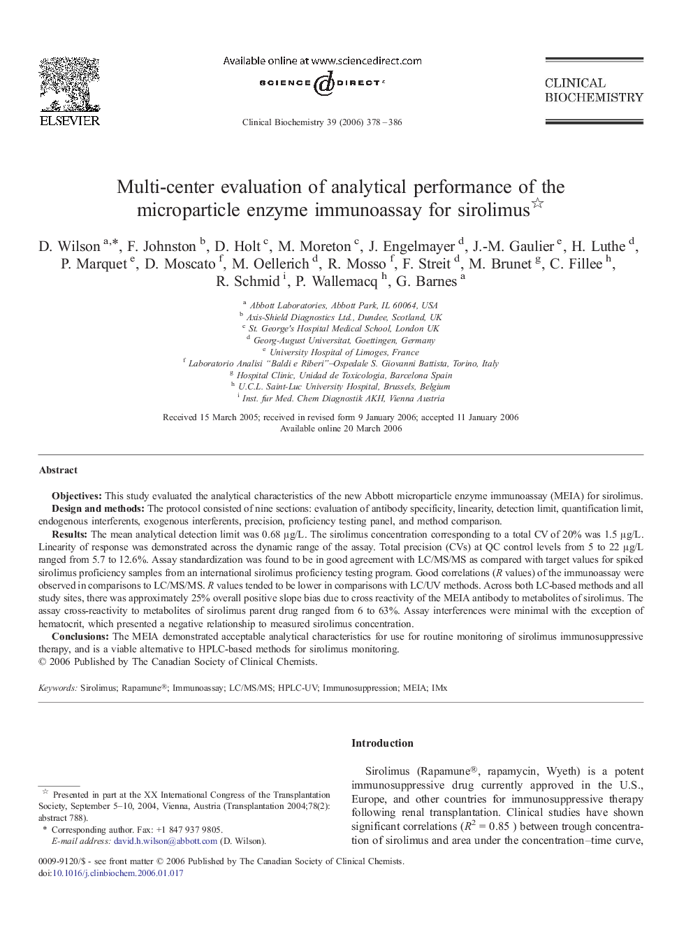 Multi-center evaluation of analytical performance of the microparticle enzyme immunoassay for sirolimus