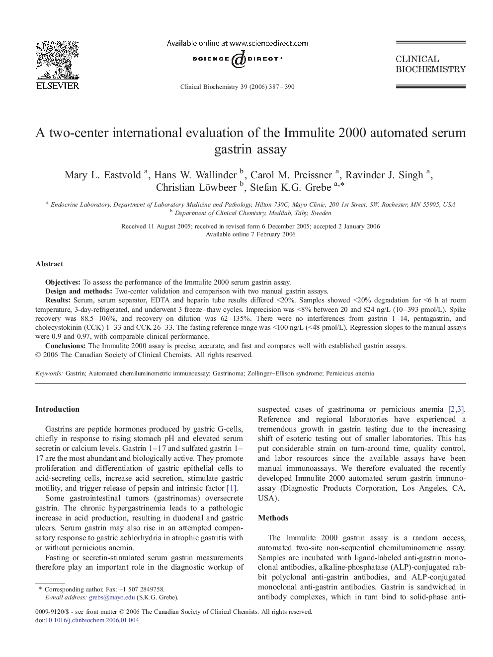 A two-center international evaluation of the Immulite 2000 automated serum gastrin assay