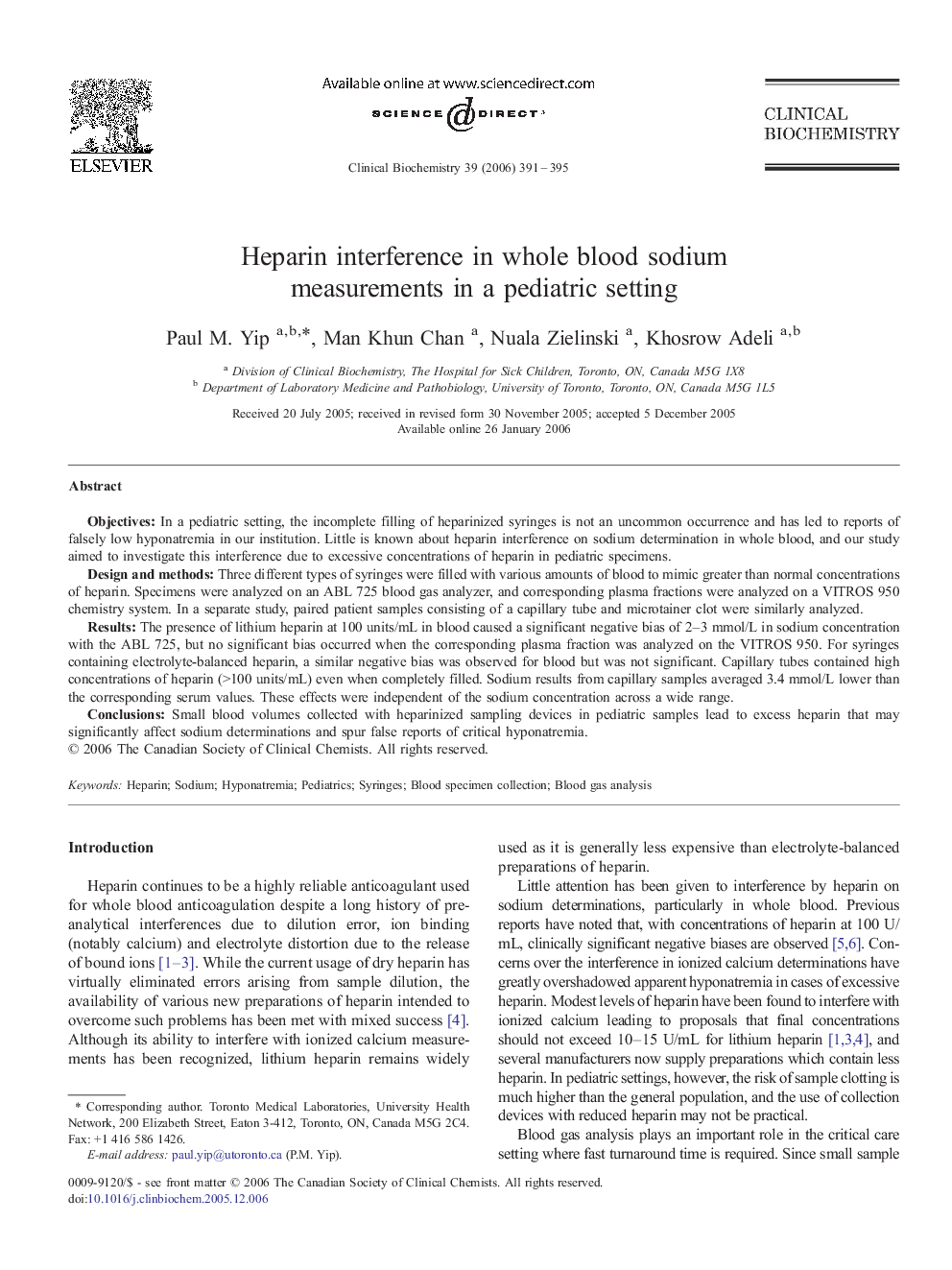 Heparin interference in whole blood sodium measurements in a pediatric setting