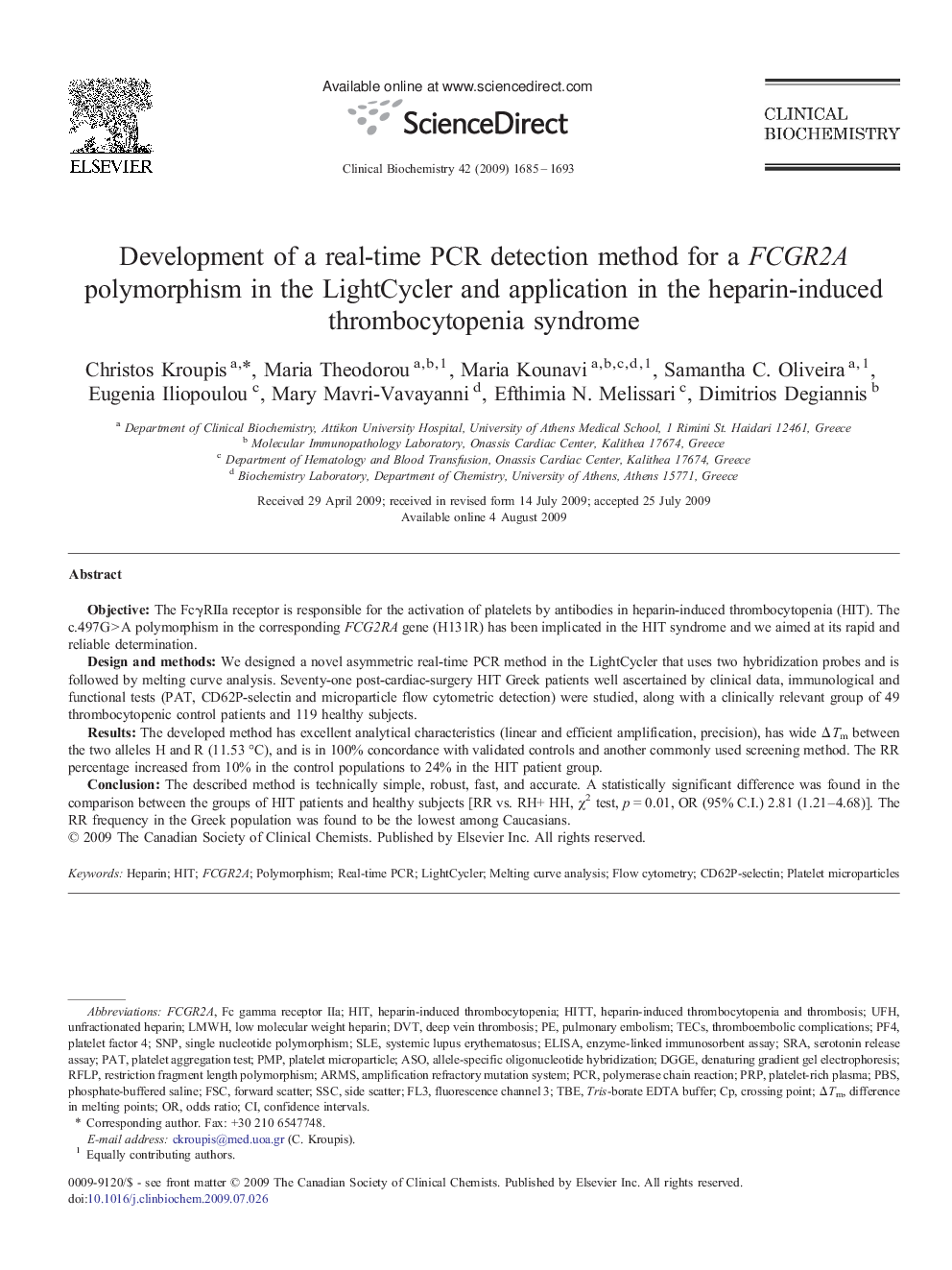 Development of a real-time PCR detection method for a FCGR2A polymorphism in the LightCycler and application in the heparin-induced thrombocytopenia syndrome