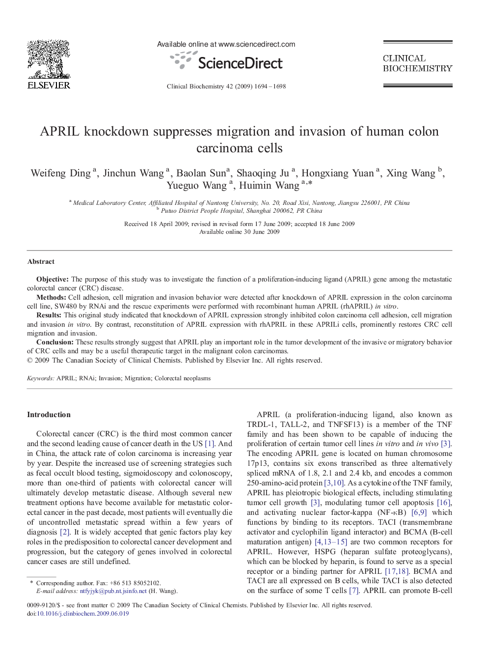 APRIL knockdown suppresses migration and invasion of human colon carcinoma cells