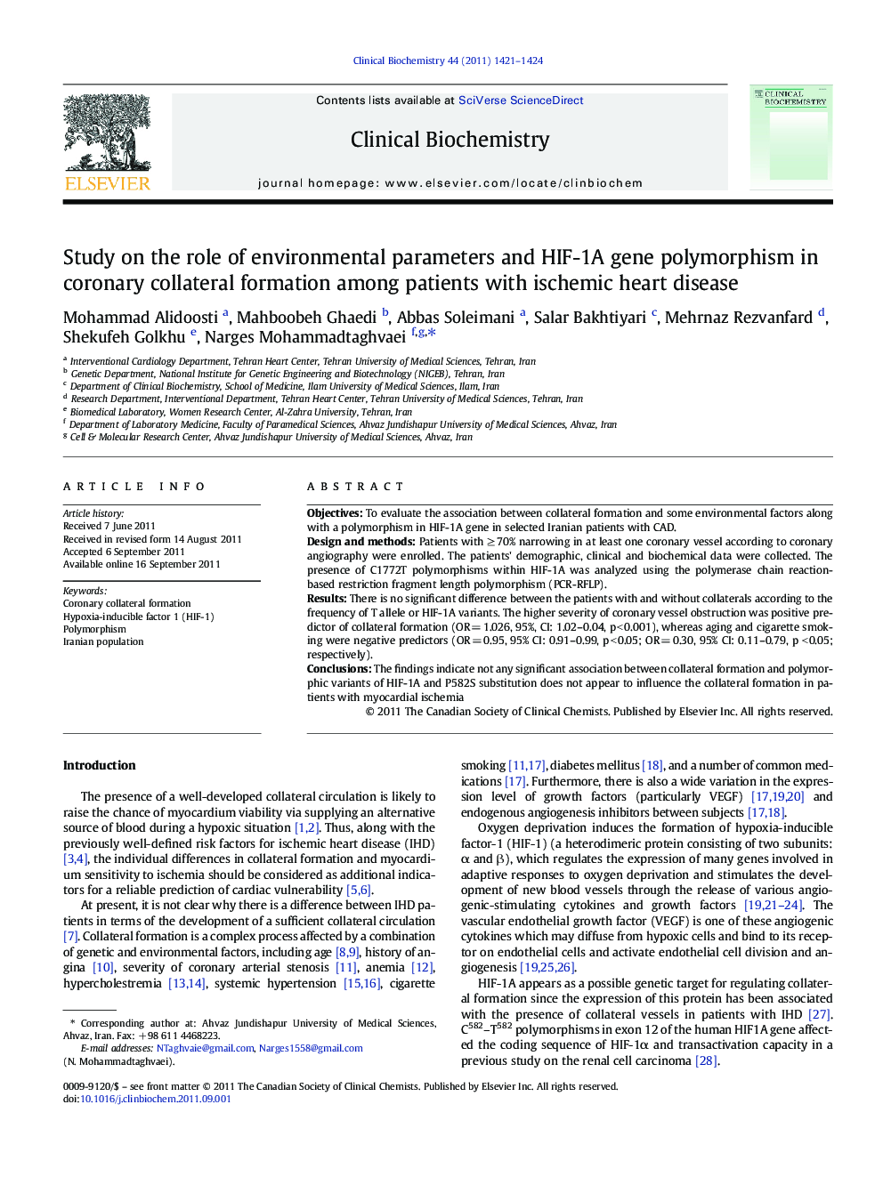 Study on the role of environmental parameters and HIF-1A gene polymorphism in coronary collateral formation among patients with ischemic heart disease