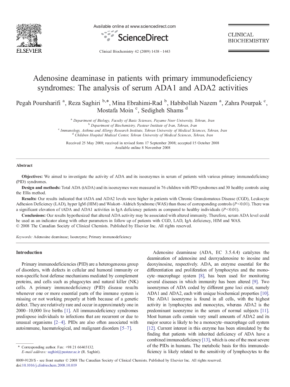 Adenosine deaminase in patients with primary immunodeficiency syndromes: The analysis of serum ADA1 and ADA2 activities