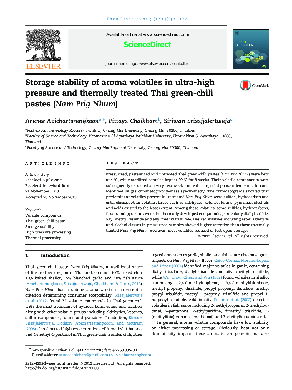 Storage stability of aroma volatiles in ultra-high pressure and thermally treated Thai green-chili pastes (Nam Prig Nhum)