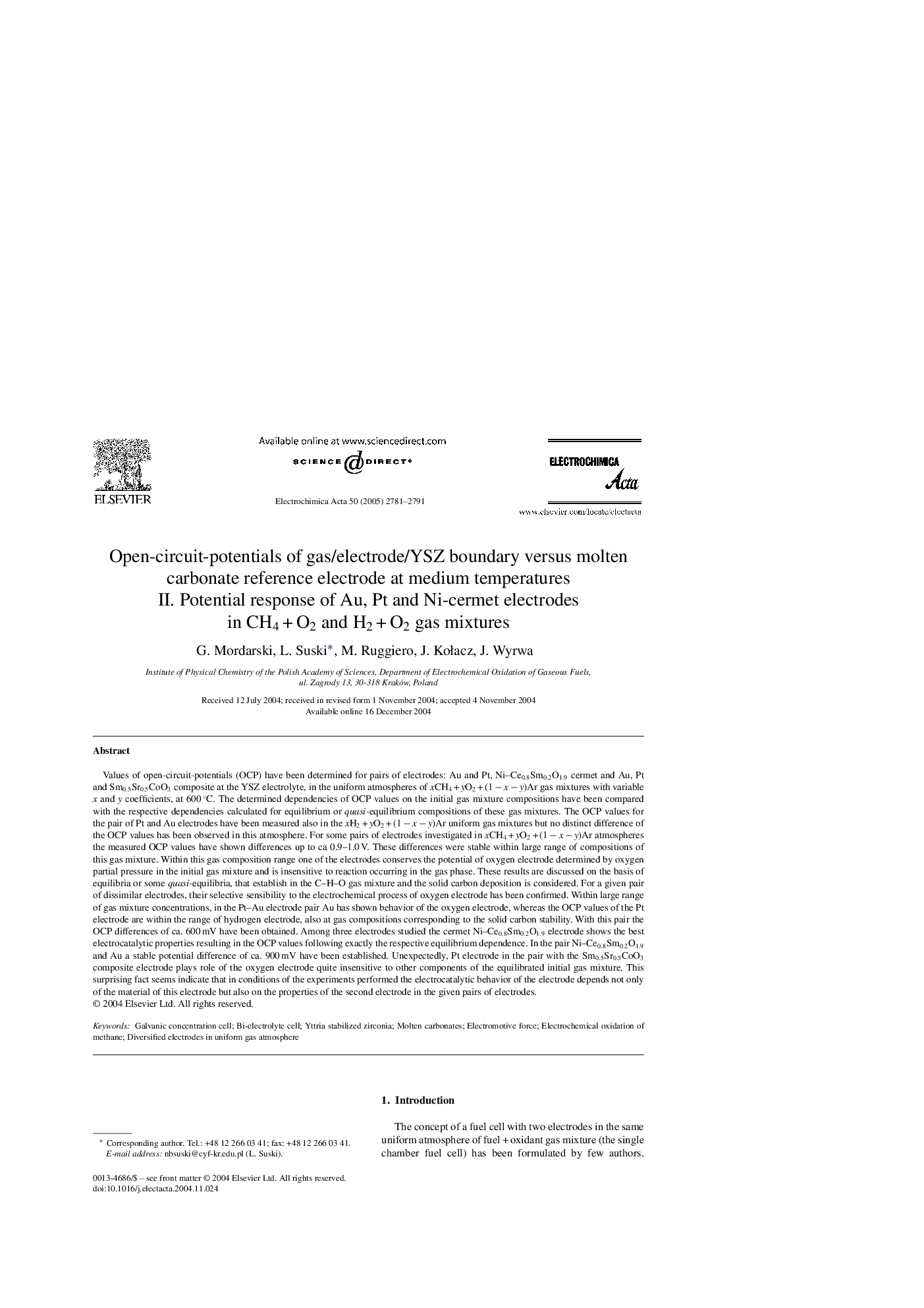 Open-circuit-potentials of gas/electrode/YSZ boundary versus molten carbonate reference electrode at medium temperatures: II. Potential response of Au, Pt and Ni-cermet electrodes in CH4 + O2 and H2 + O2 gas mixtures