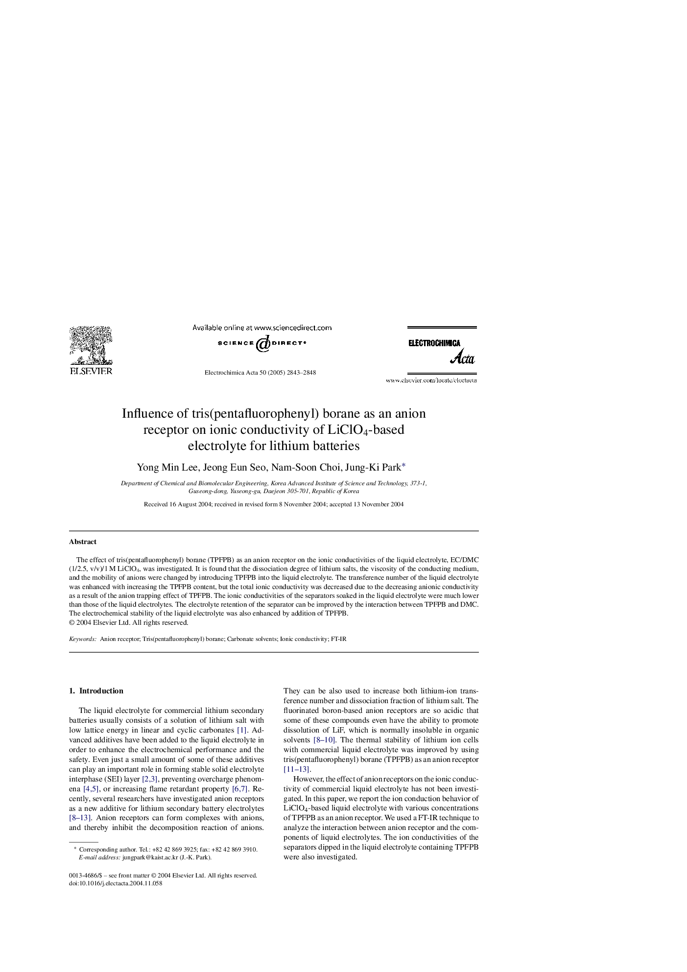 Influence of tris(pentafluorophenyl) borane as an anion receptor on ionic conductivity of LiClO4-based electrolyte for lithium batteries