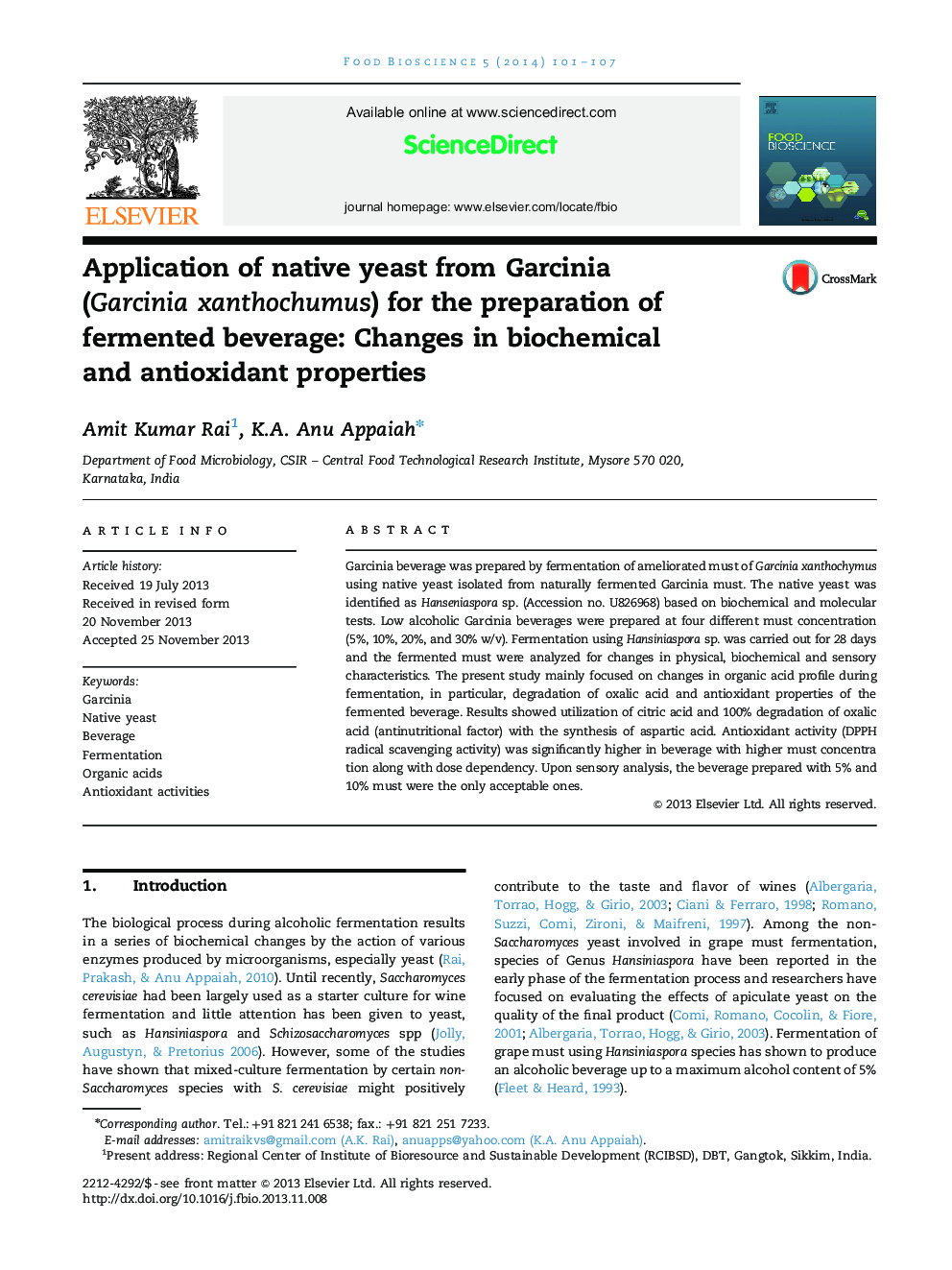 Application of native yeast from Garcinia (Garcinia xanthochumus) for the preparation of fermented beverage: Changes in biochemical and antioxidant properties