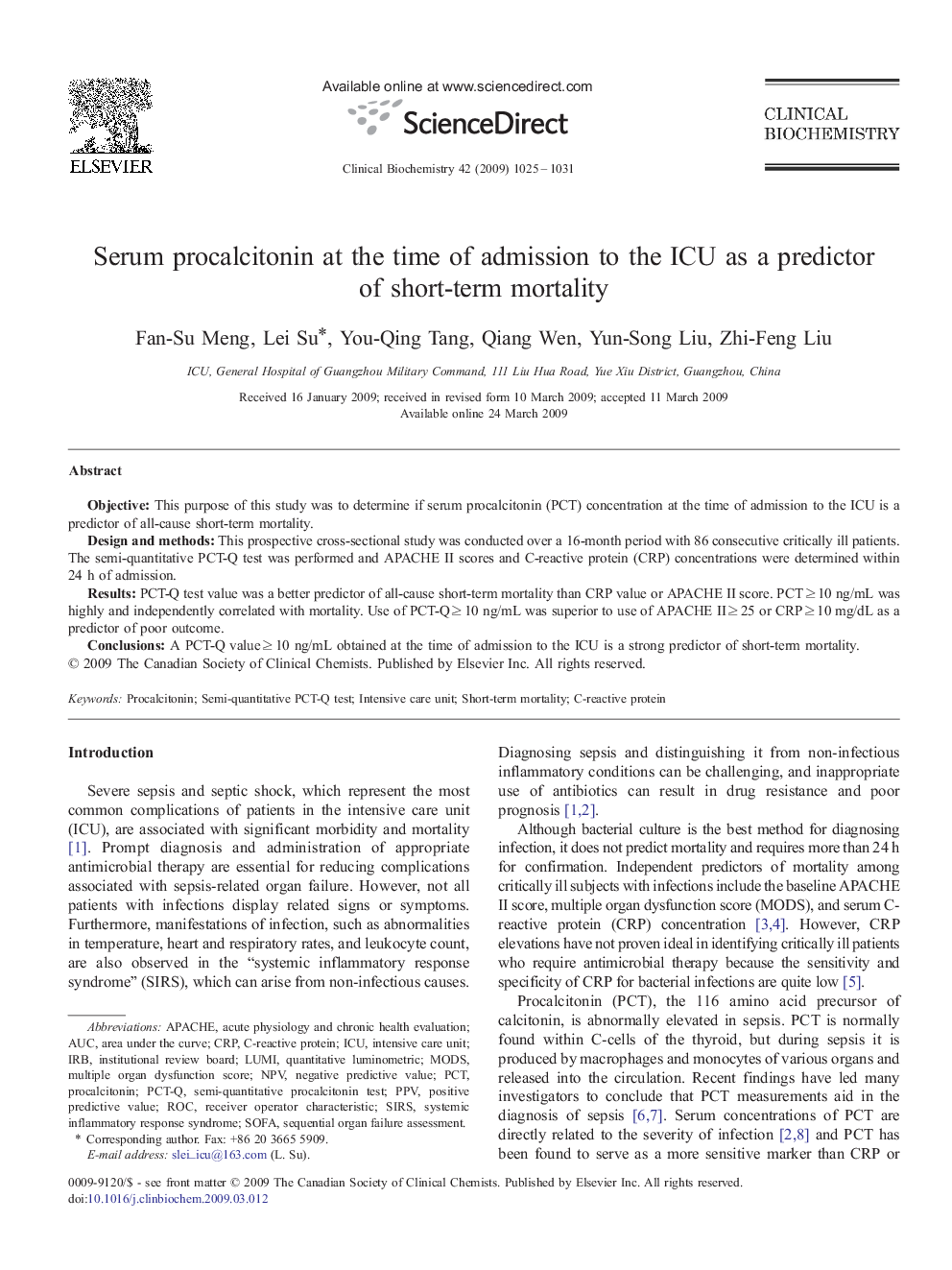 Serum procalcitonin at the time of admission to the ICU as a predictor of short-term mortality