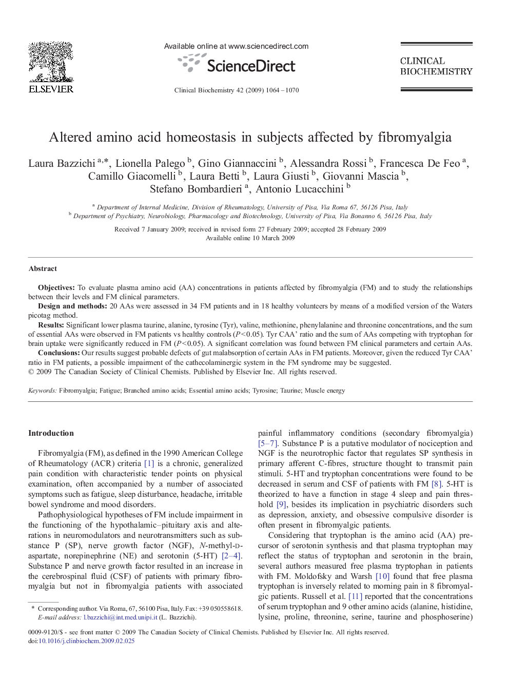 Altered amino acid homeostasis in subjects affected by fibromyalgia