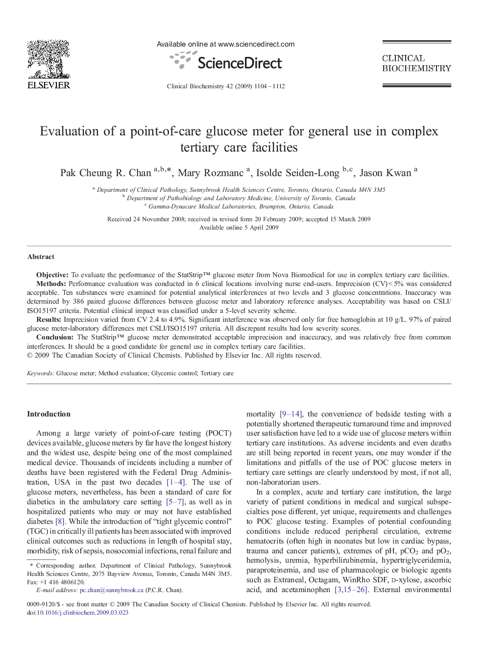 Evaluation of a point-of-care glucose meter for general use in complex tertiary care facilities