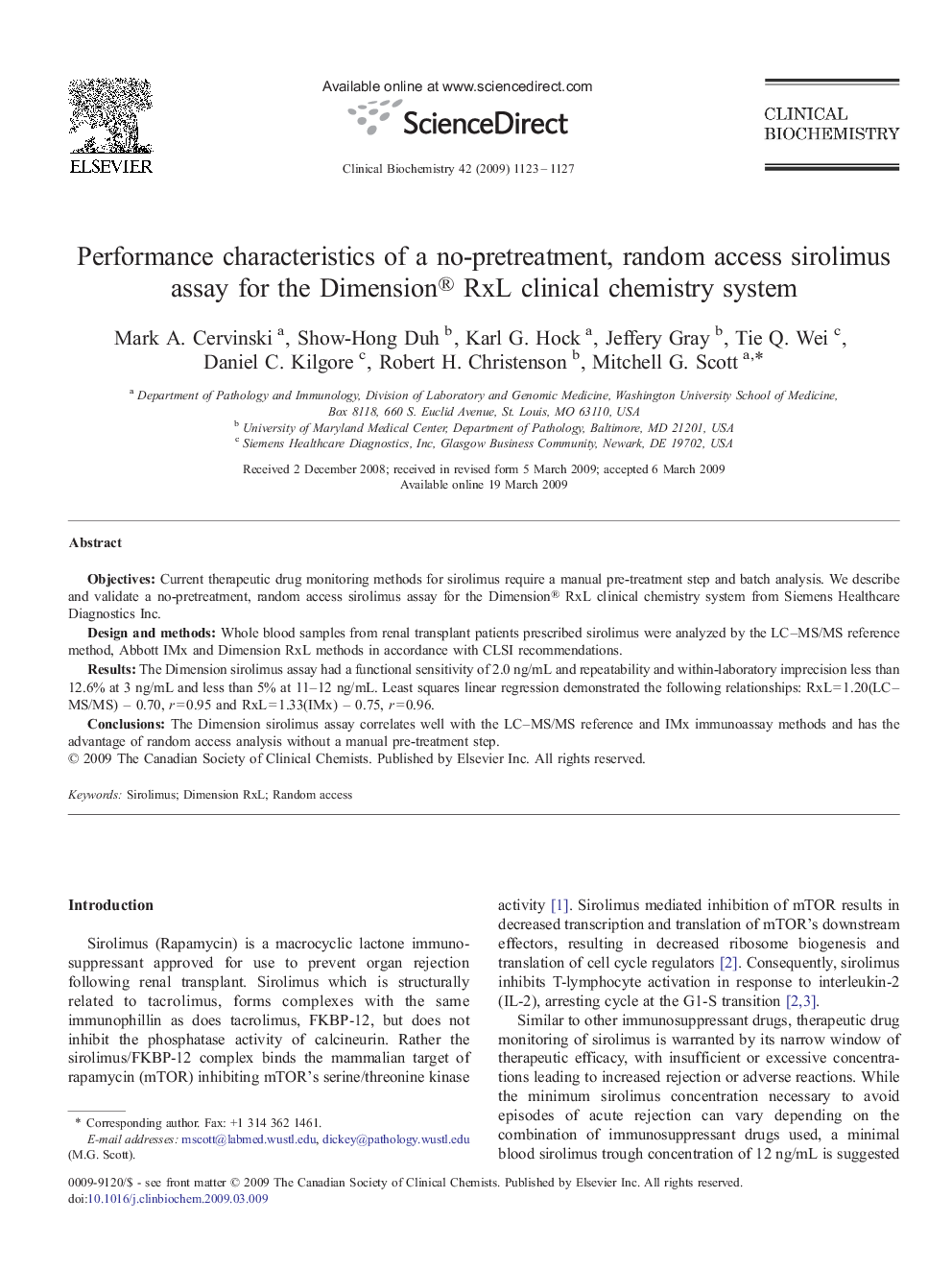 Performance characteristics of a no-pretreatment, random access sirolimus assay for the Dimension® RxL clinical chemistry system