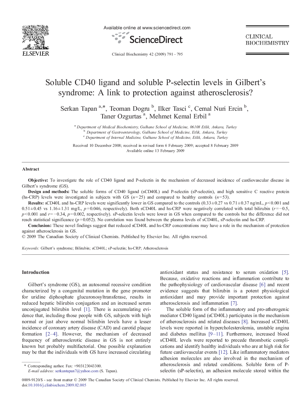 Soluble CD40 ligand and soluble P-selectin levels in Gilbert's syndrome: A link to protection against atherosclerosis?