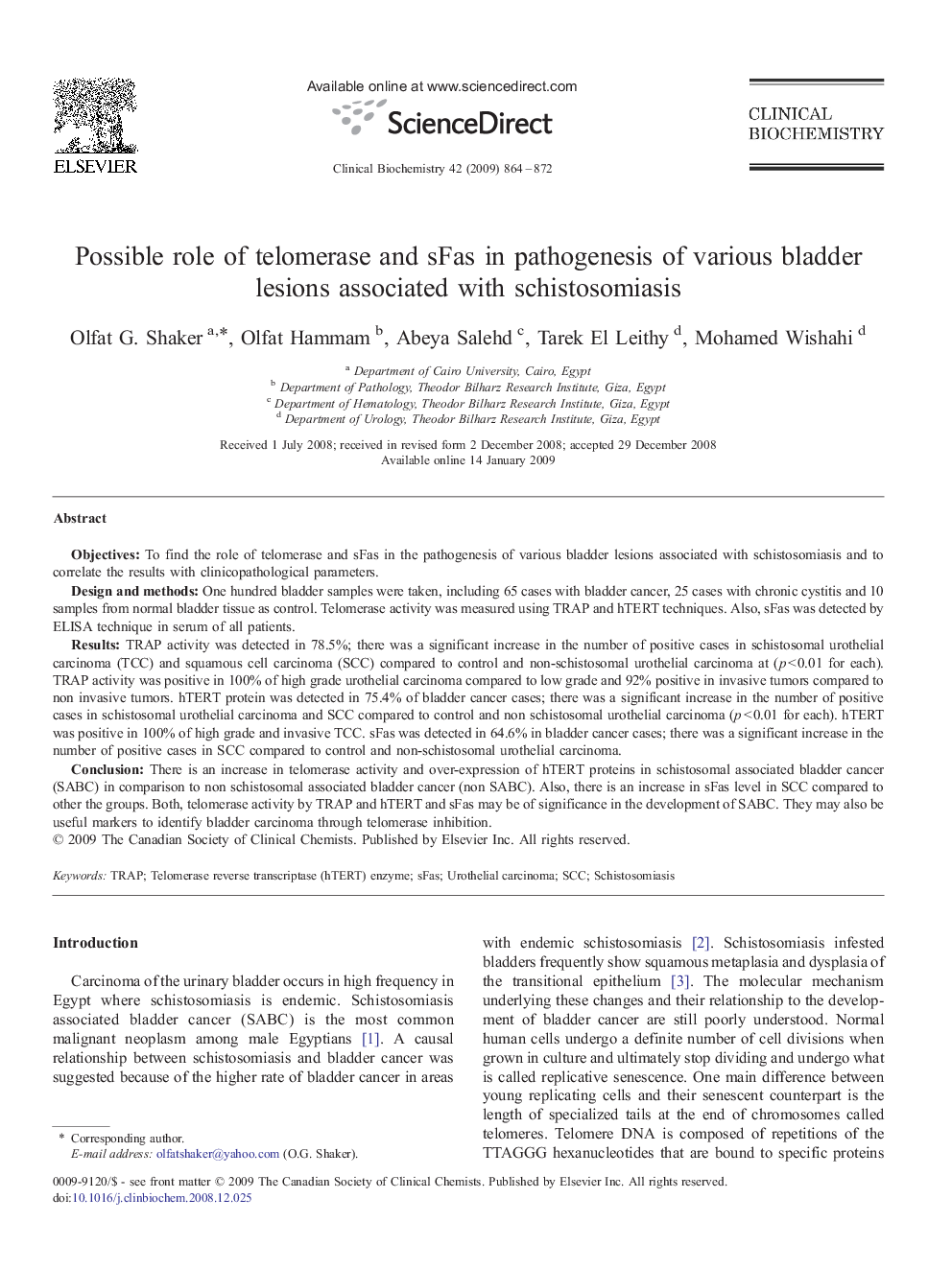 Possible role of telomerase and sFas in pathogenesis of various bladder lesions associated with schistosomiasis