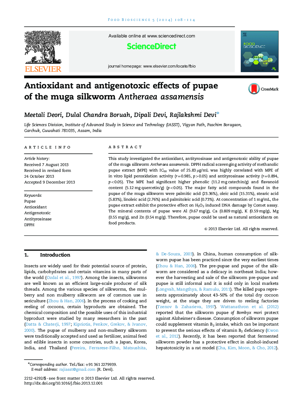 Antioxidant and antigenotoxic effects of pupae of the muga silkworm Antheraea assamensis