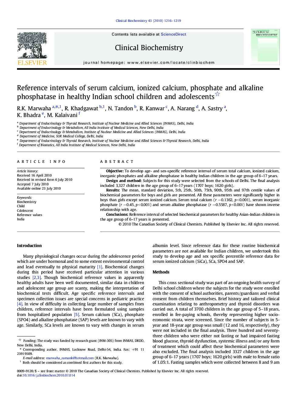 Reference intervals of serum calcium, ionized calcium, phosphate and alkaline phosphatase in healthy Indian school children and adolescents 