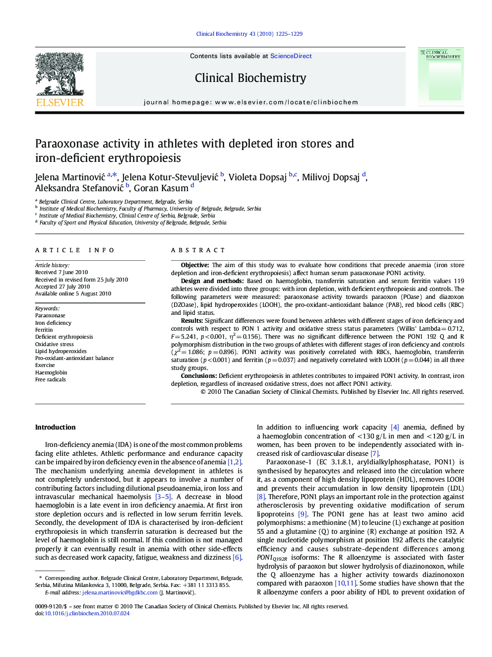 Paraoxonase activity in athletes with depleted iron stores and iron-deficient erythropoiesis