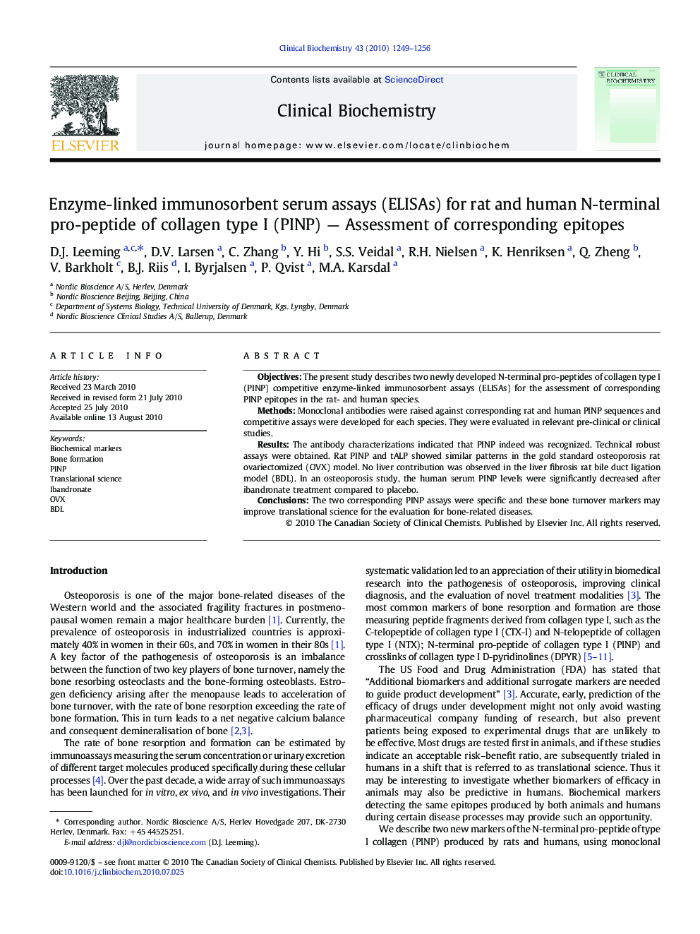 Enzyme-linked immunosorbent serum assays (ELISAs) for rat and human N-terminal pro-peptide of collagen type I (PINP) — Assessment of corresponding epitopes