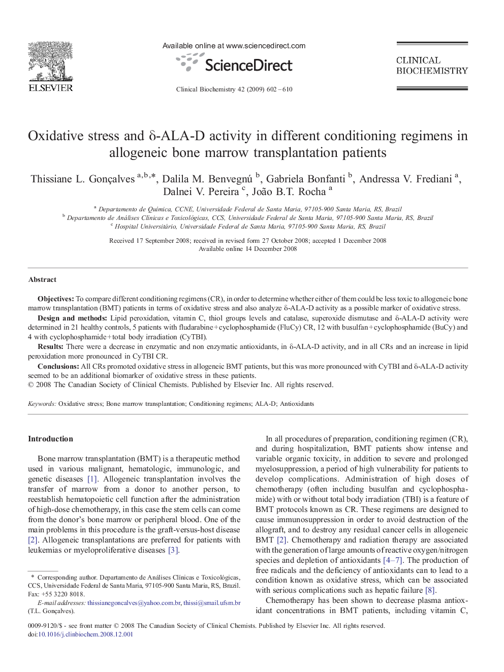 Oxidative stress and δ-ALA-D activity in different conditioning regimens in allogeneic bone marrow transplantation patients