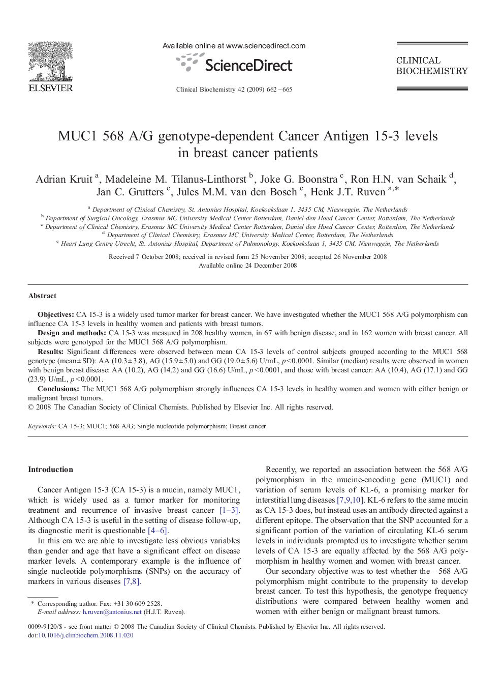 MUC1 568 A/G genotype-dependent Cancer Antigen 15-3 levels in breast cancer patients