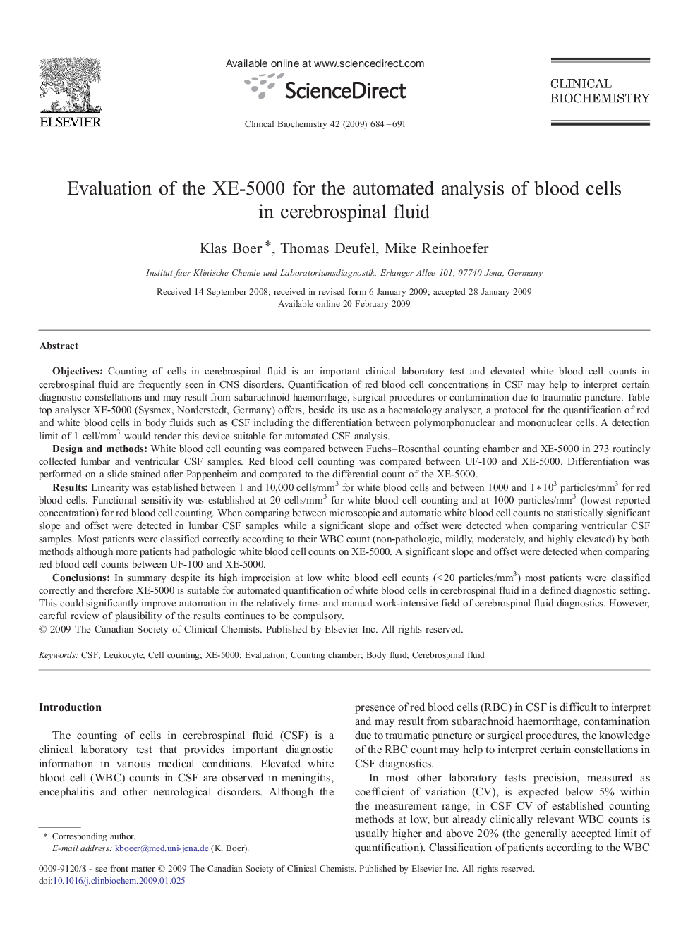 Evaluation of the XE-5000 for the automated analysis of blood cells in cerebrospinal fluid