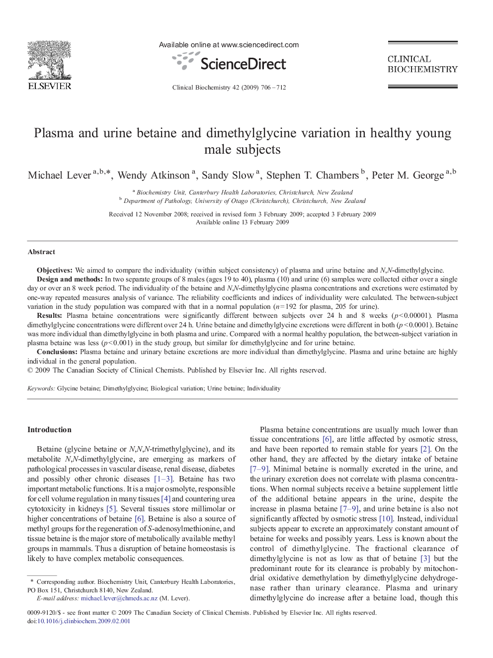 Plasma and urine betaine and dimethylglycine variation in healthy young male subjects