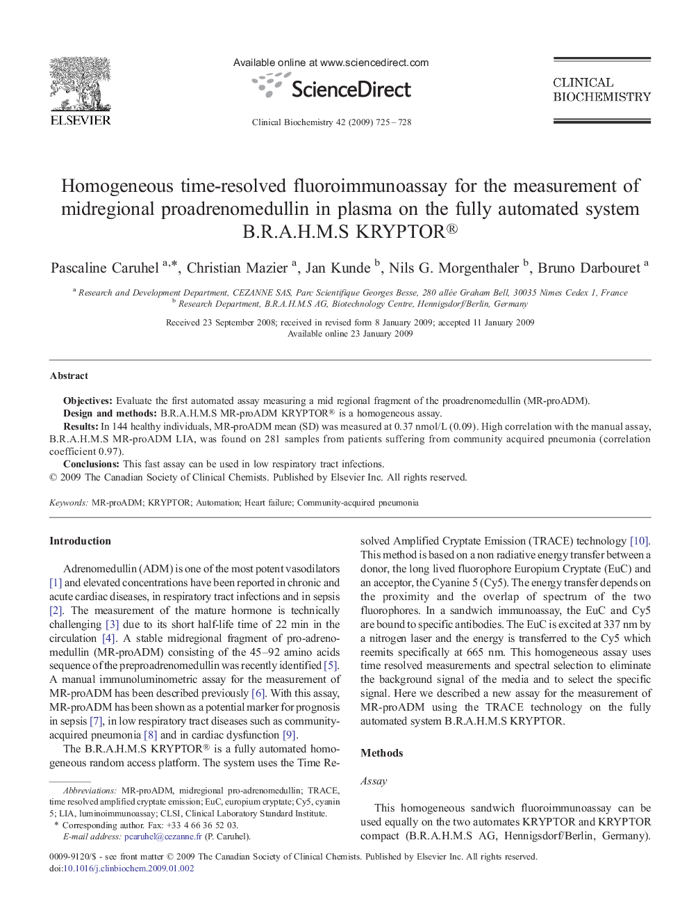 Homogeneous time-resolved fluoroimmunoassay for the measurement of midregional proadrenomedullin in plasma on the fully automated system B.R.A.H.M.S KRYPTOR®