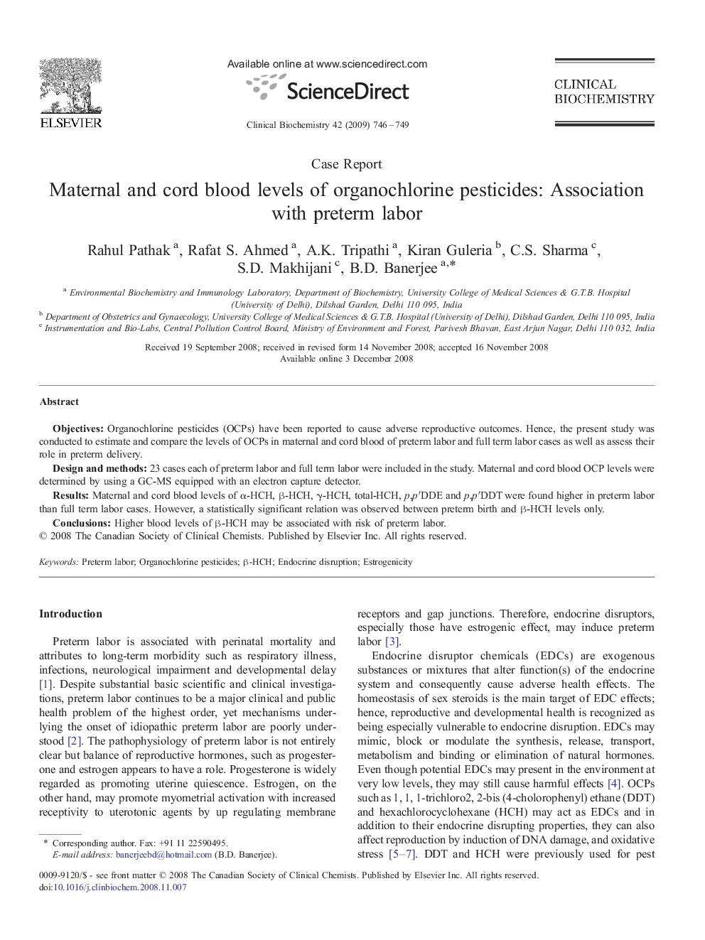 Maternal and cord blood levels of organochlorine pesticides: Association with preterm labor