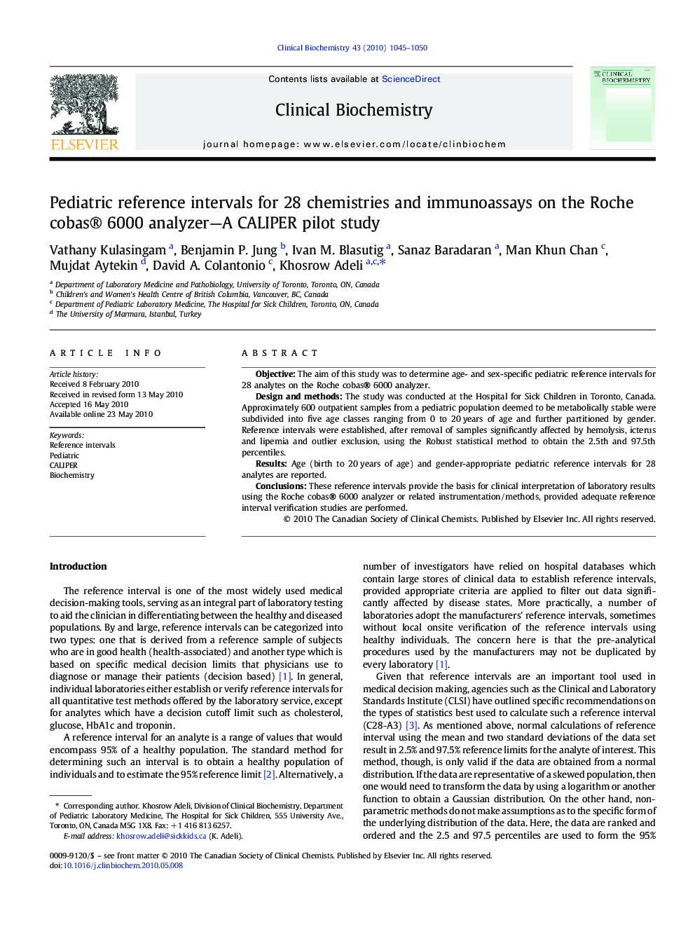 Pediatric reference intervals for 28 chemistries and immunoassays on the Roche cobas® 6000 analyzer—A CALIPER pilot study