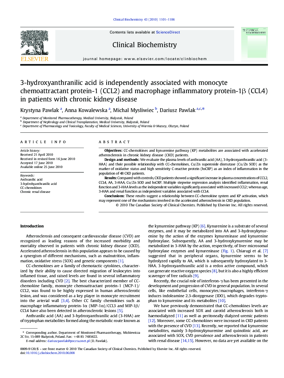 3-hydroxyanthranilic acid is independently associated with monocyte chemoattractant protein-1 (CCL2) and macrophage inflammatory protein-1β (CCL4) in patients with chronic kidney disease