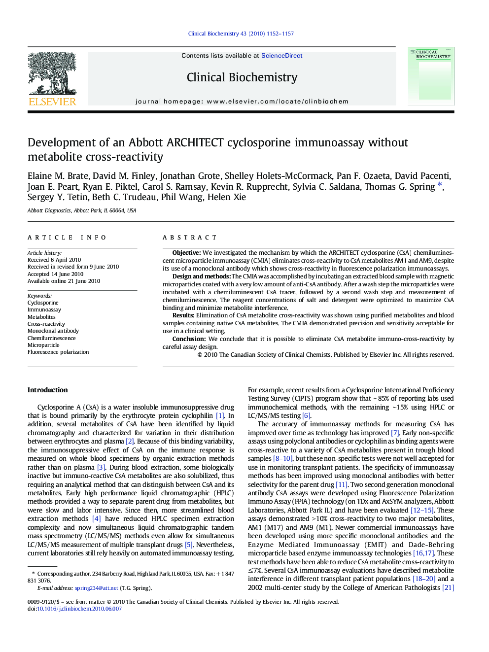 Development of an Abbott ARCHITECT cyclosporine immunoassay without metabolite cross-reactivity