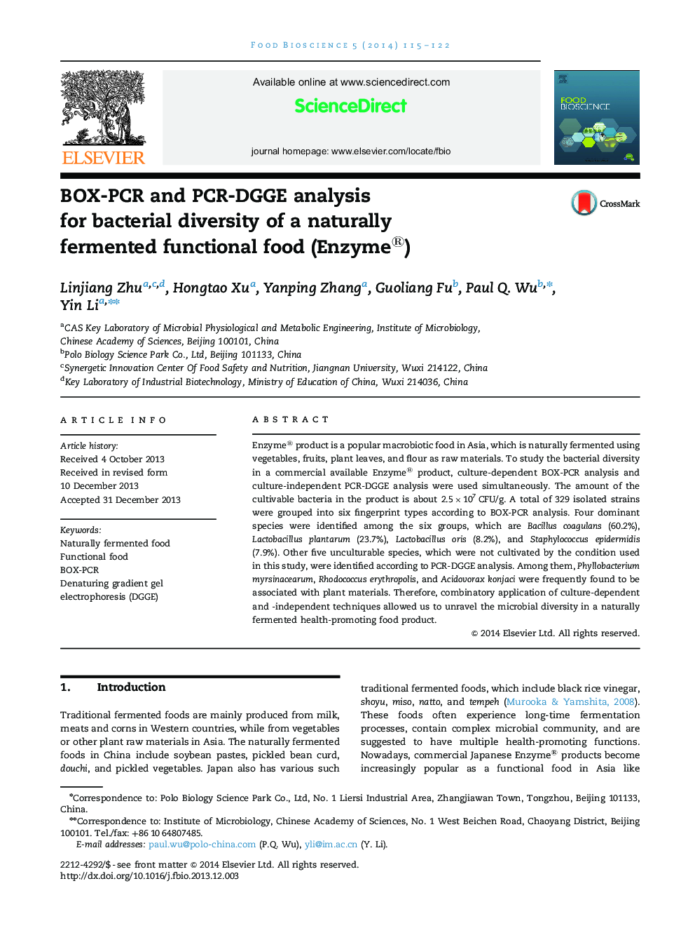 BOX-PCR and PCR-DGGE analysis for bacterial diversity of a naturally fermented functional food (Enzyme®)
