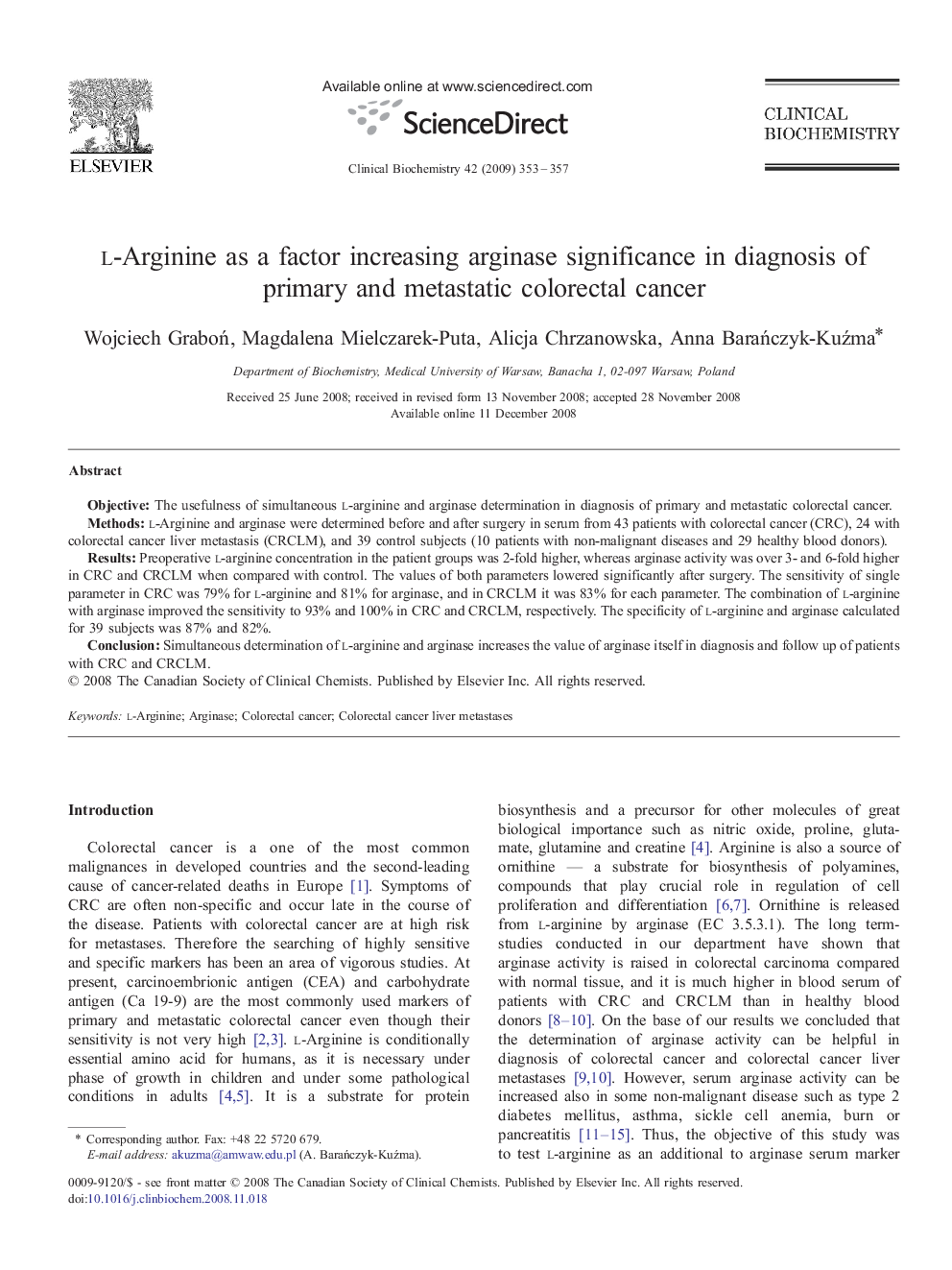 l-Arginine as a factor increasing arginase significance in diagnosis of primary and metastatic colorectal cancer