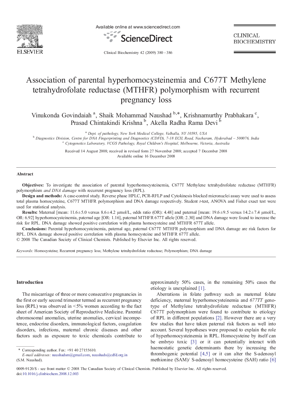 Association of parental hyperhomocysteinemia and C677T Methylene tetrahydrofolate reductase (MTHFR) polymorphism with recurrent pregnancy loss