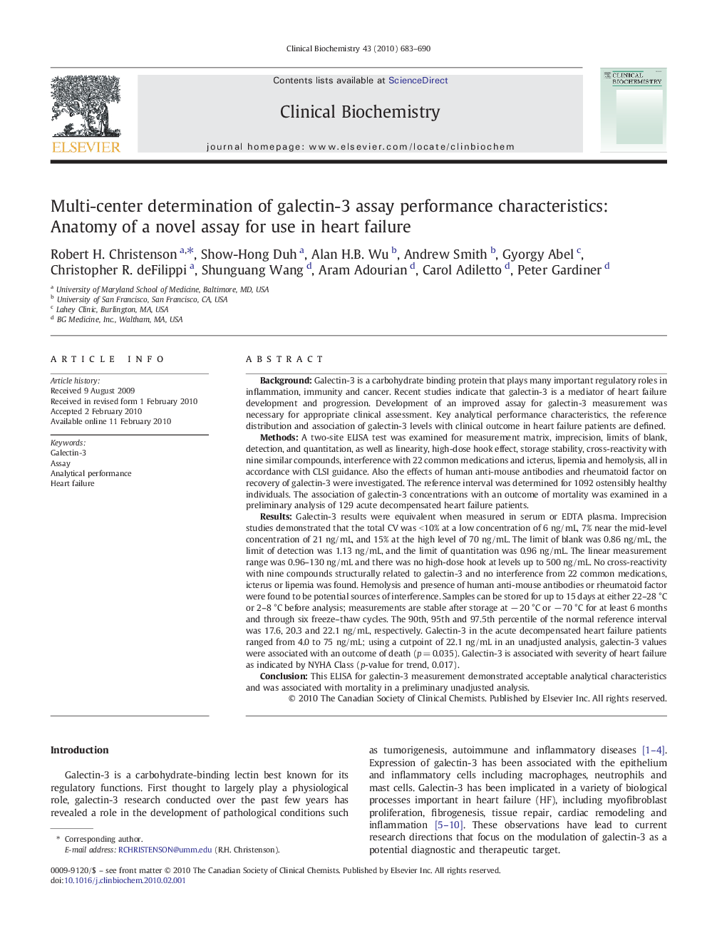 Multi-center determination of galectin-3 assay performance characteristics:: Anatomy of a novel assay for use in heart failure