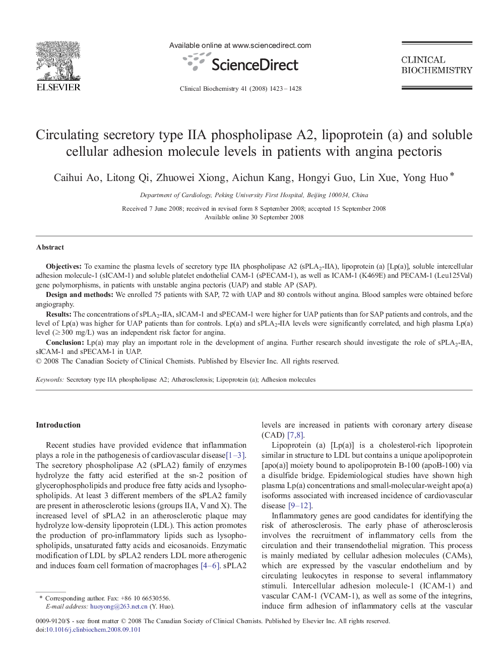 Circulating secretory type IIA phospholipase A2, lipoprotein (a) and soluble cellular adhesion molecule levels in patients with angina pectoris